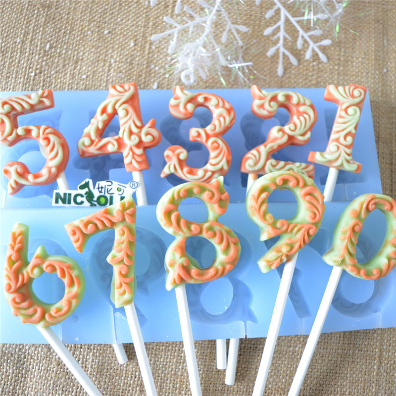 Beautiful Numbers Handmade Silicone Molds with Stickers for Lollipop Chocolate