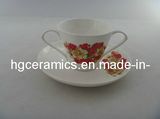 Double Handle Fine Bone China Mug with Saucer