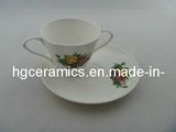 Double Handle Fine Bone China Mug with Saucer